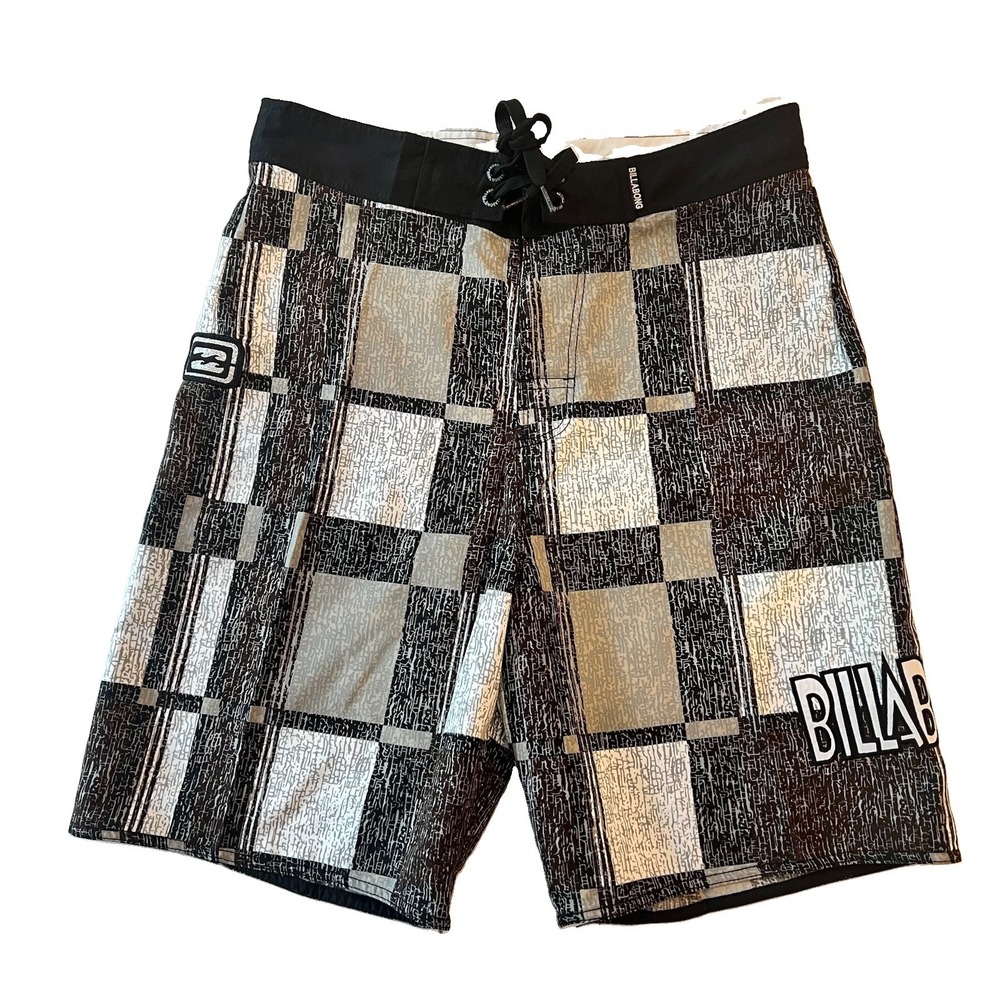 Y2K Billabong Plaid Board Shorts Men's Size 30 White Black Brown Spellout 8.5" I